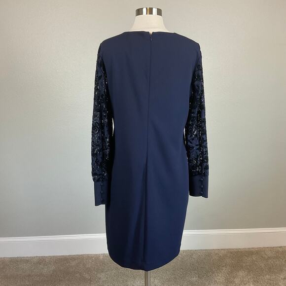 Ralph Lauren Long Sleeve Cocktail Dress Blue Size 6 Lace and Velvet Sheath - Picture 4 of 12